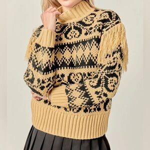 English Factory Sweater Fair Isle Fringed Chunky Knit Mock Neck Nordic Small
